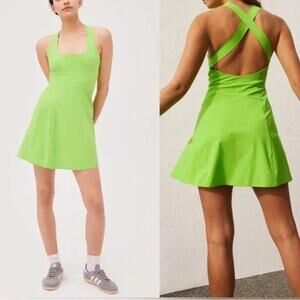 Outdoor Voices Cross Back Dress in Grasshopper Tennis Dress Shorts Square Neck